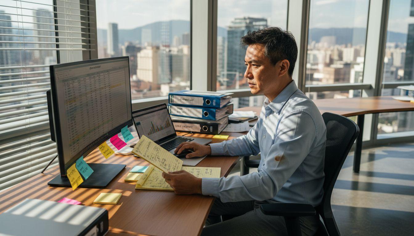 Risk manager reviews compliance documents in office