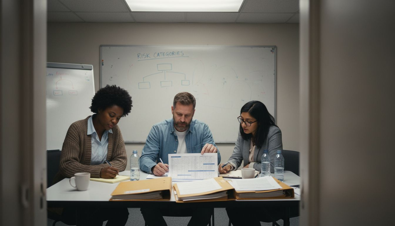 Team reviewing risk management matrix together