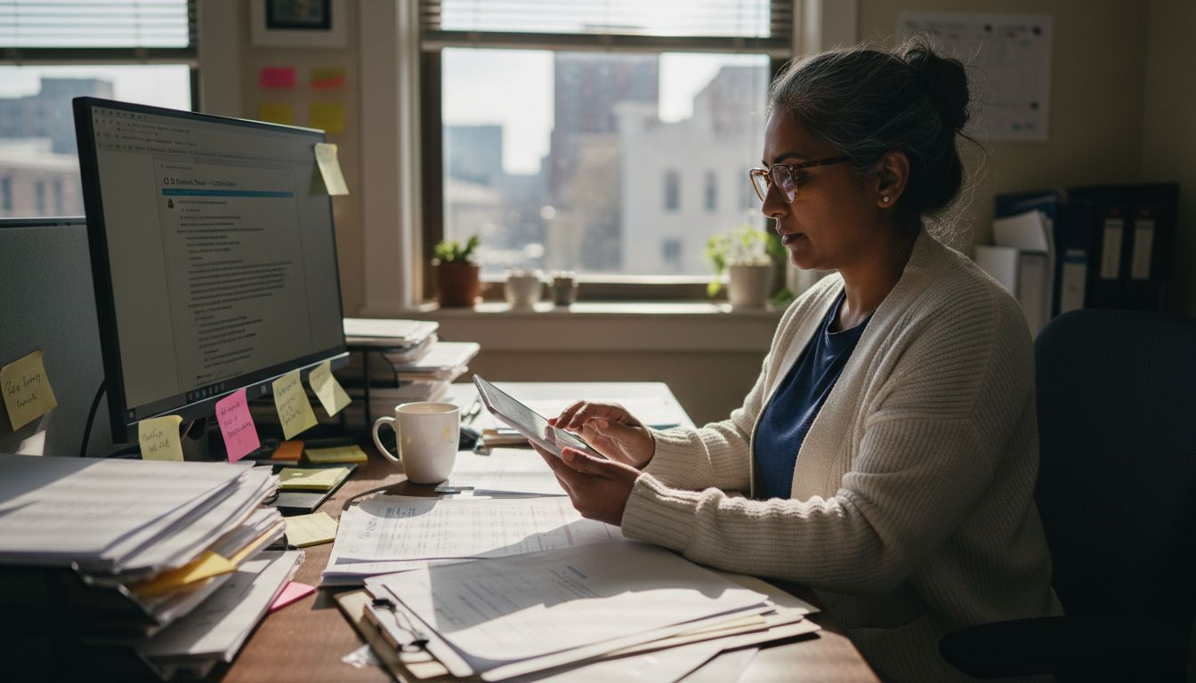 Researching investment opportunities at cluttered desk