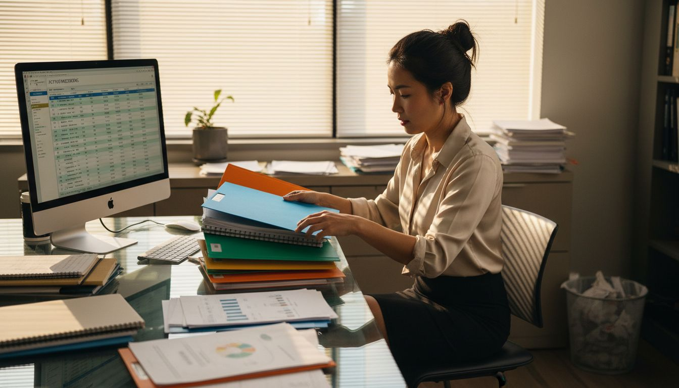 Associate organizing investment pitch decks in office