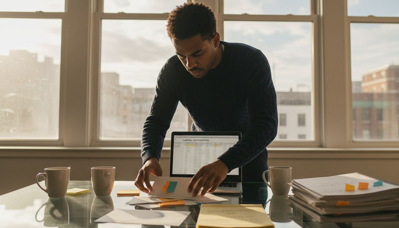 Young man distributing capital at cluttered desk