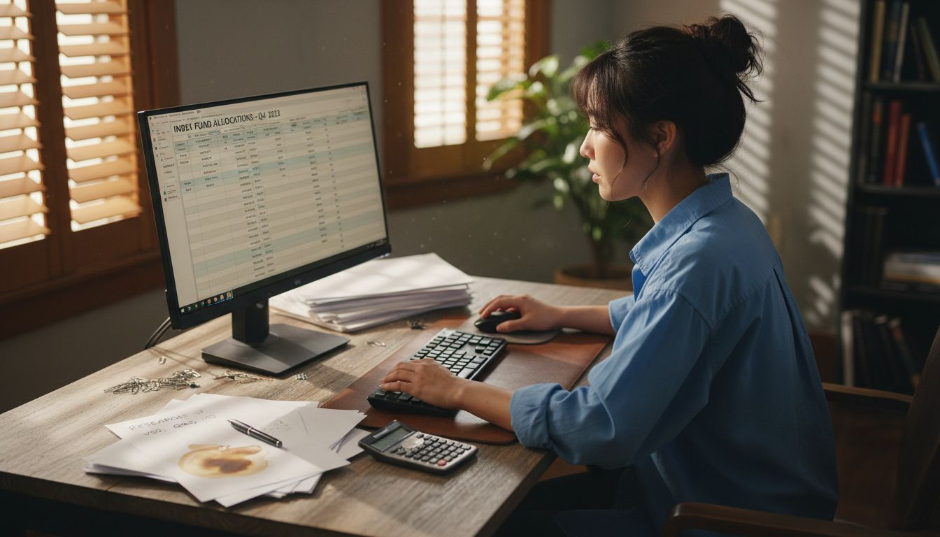 Analyst reviewing index fund documents at desk