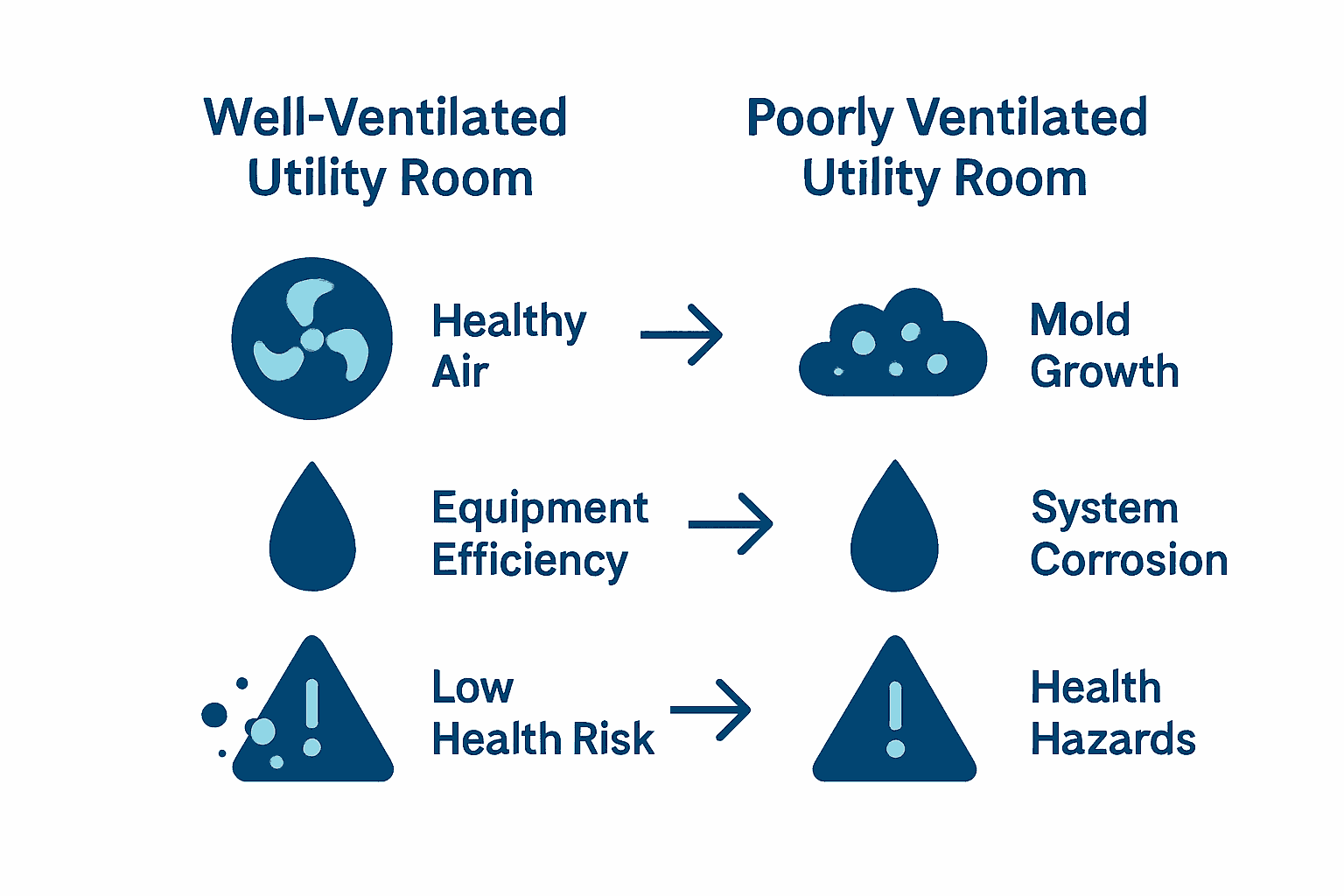 Infographic comparing healthy and poor utility room ventilation outcomes