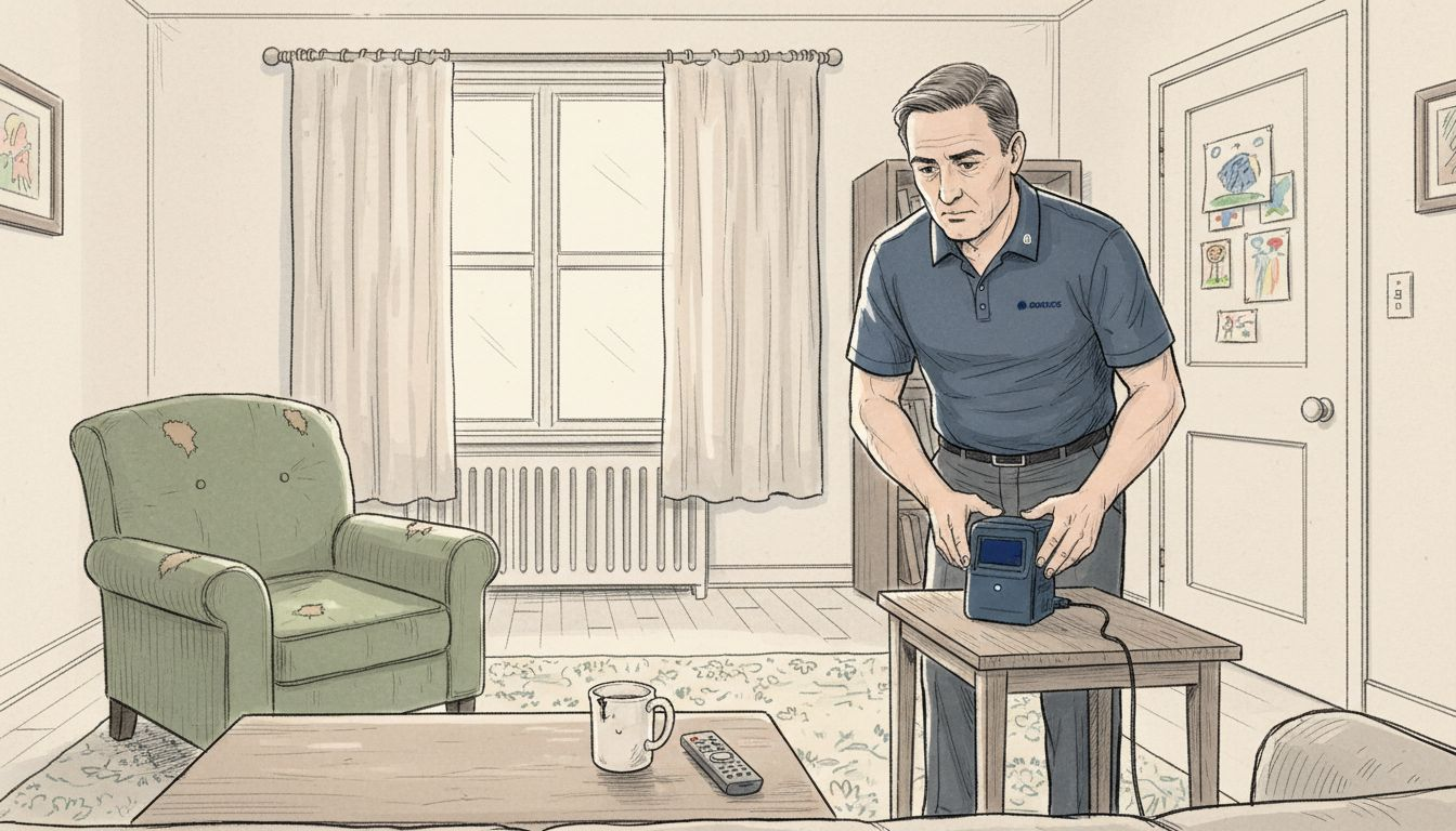 Radon inspector preparing monitor in living room
