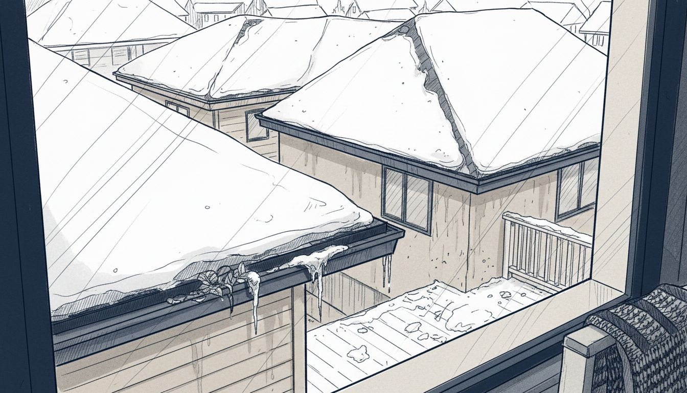 Snowy roof valleys and ice build-up risk