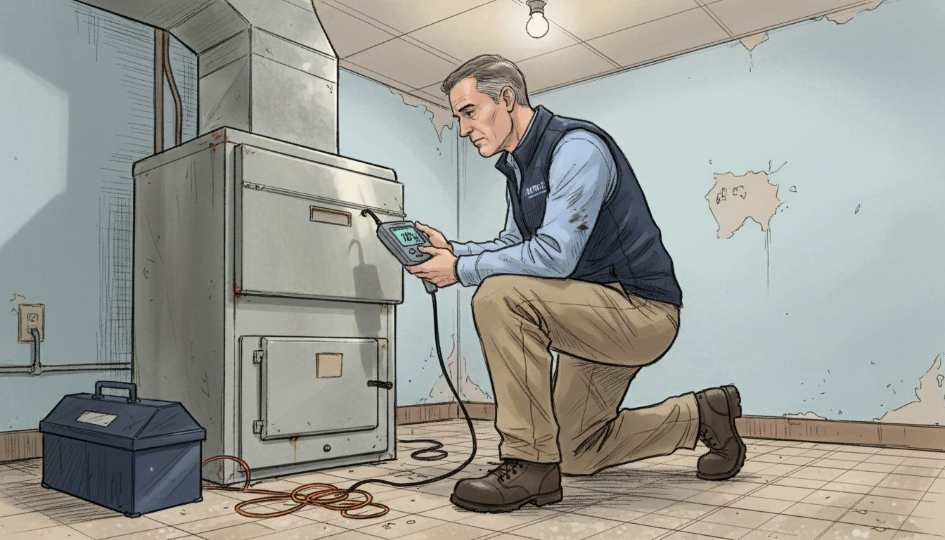 Home inspector checking furnace with tools