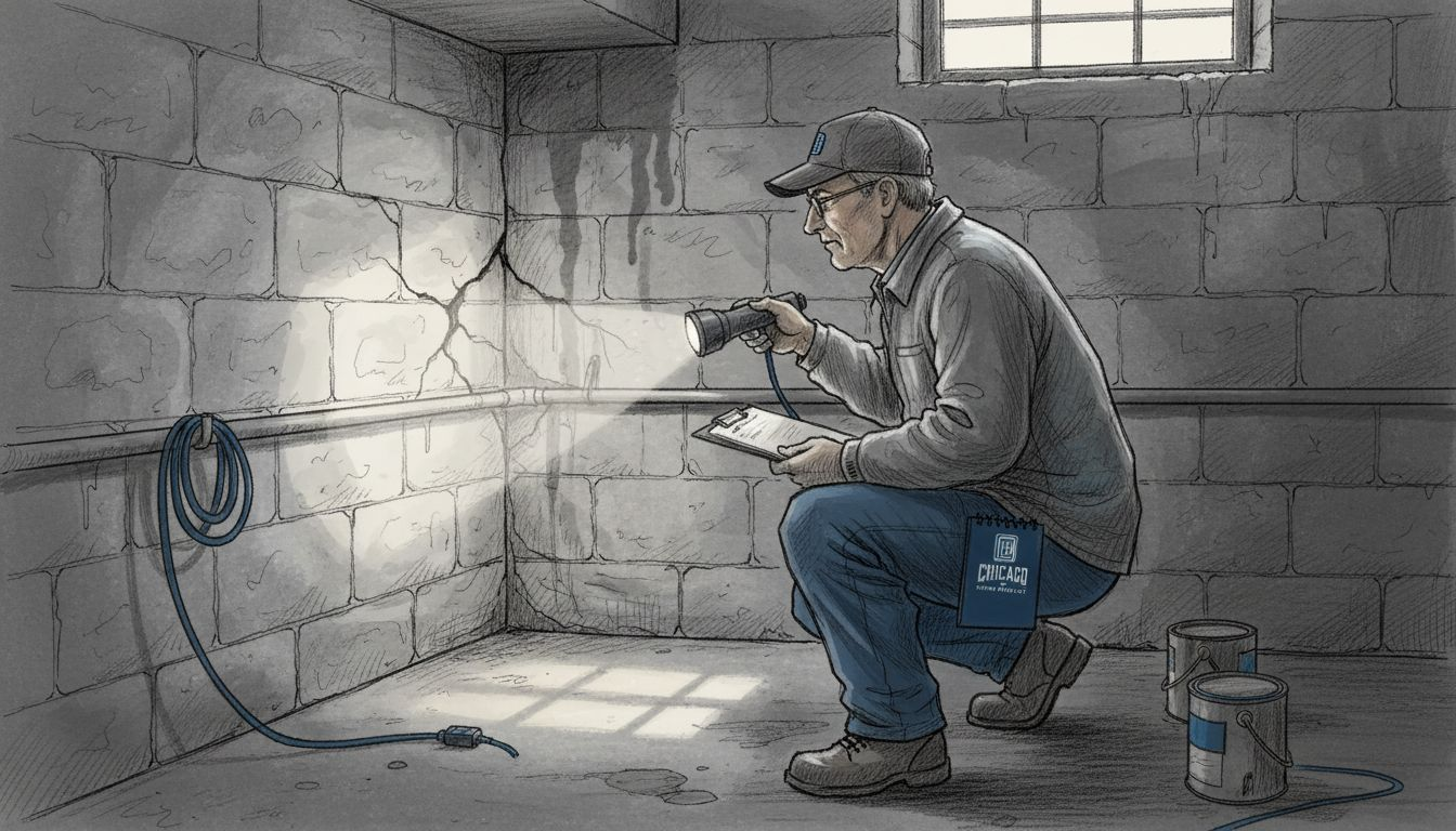 Inspector checking cracked basement foundation corner