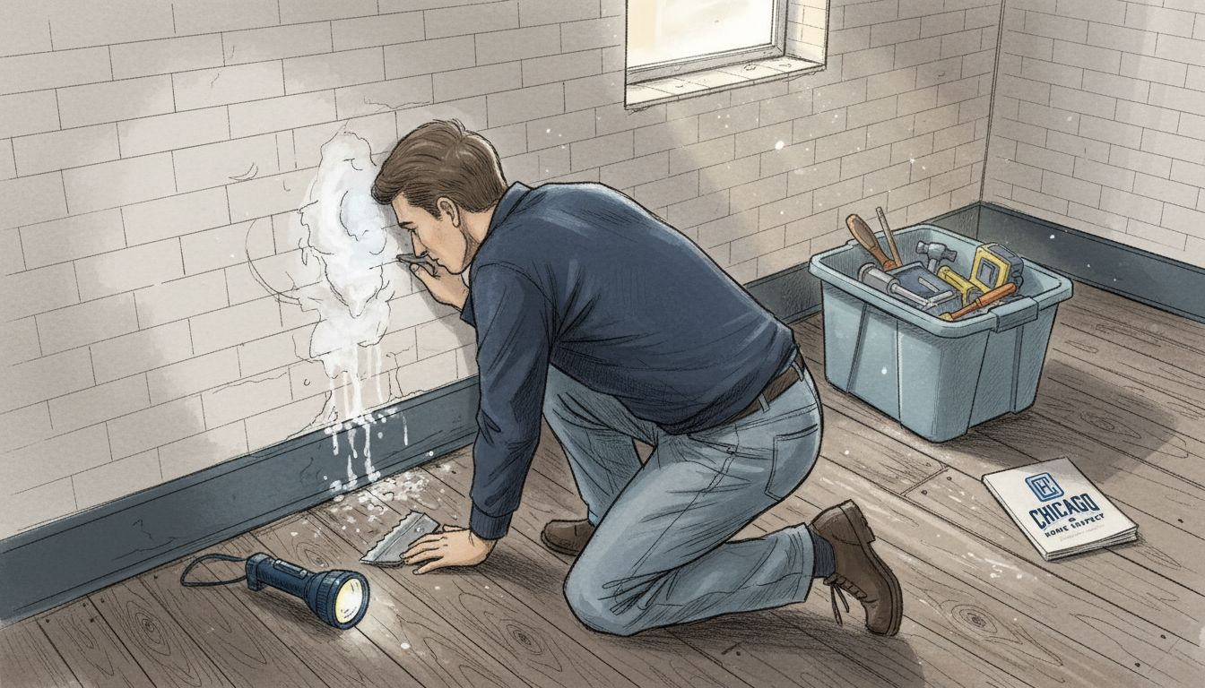 Examining moisture damage on basement brick wall