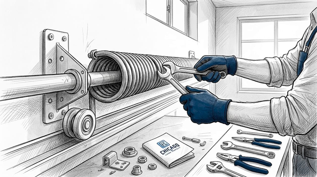 Hands checking garage door spring tension