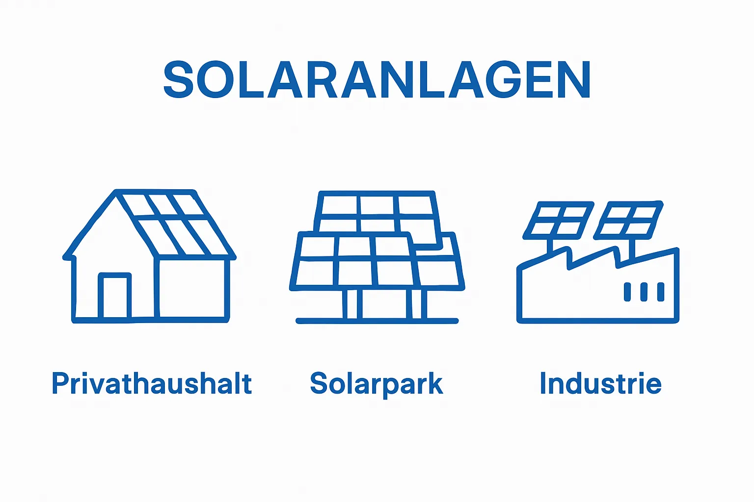 Verstehen der Photovoltaik Funktionsweise für alle 2 Infografik mit drei Solarinstallationsarten: Dach, Freifläche, Industrie