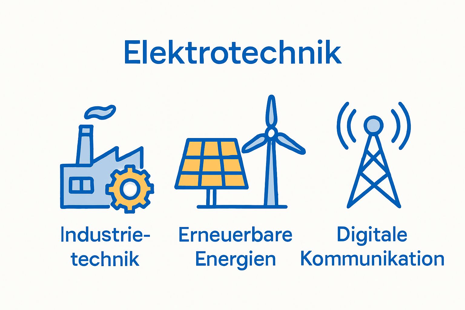Drei Icons für Industrie, erneuerbare Energie und Kommunikation