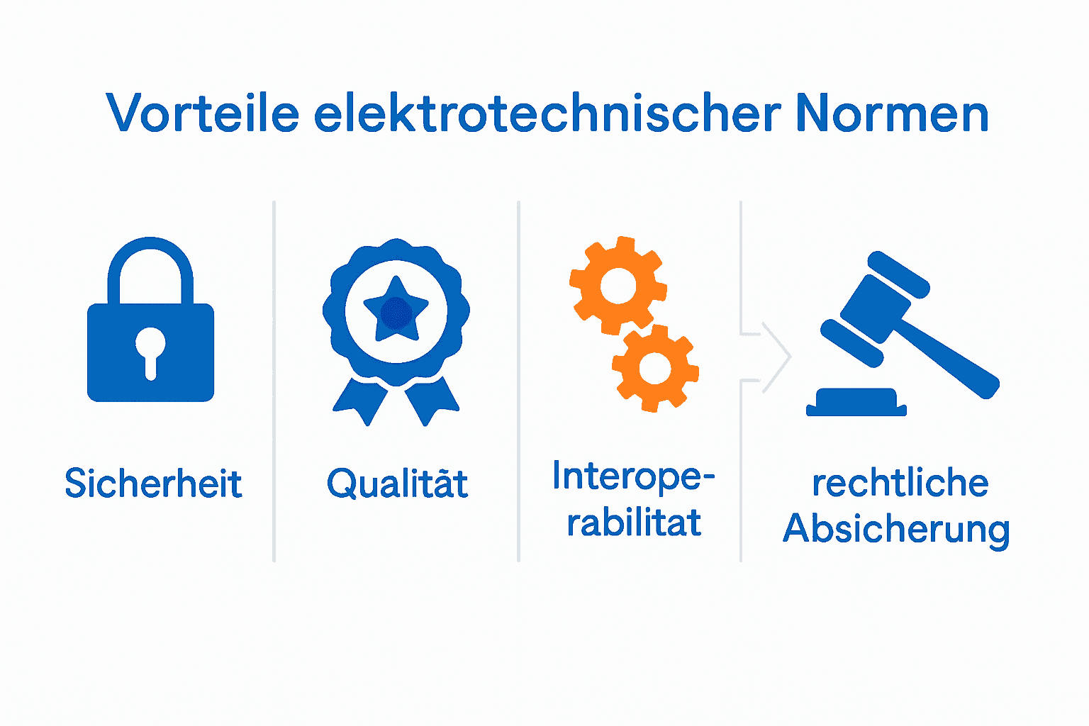 Infografik: Vorteile elektrotechnischer Normen visualisiert durch Symbole für Sicherheit, Qualität, Interoperabilität und Recht.
