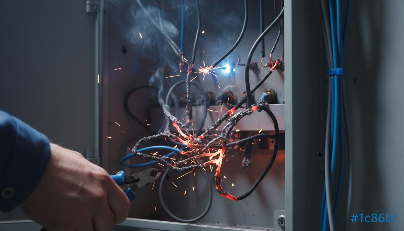 Nahaufnahme schmorende Kabel im Verteilerkasten