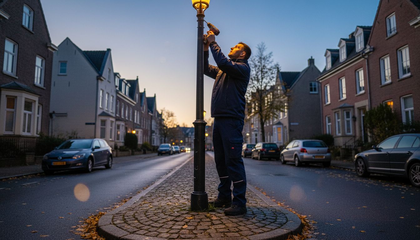 Rolle der Elektrotechnik im öffentlichen Raum – Chancen und Herausforderungen 1 Worker adjusts modern street lighting at dusk