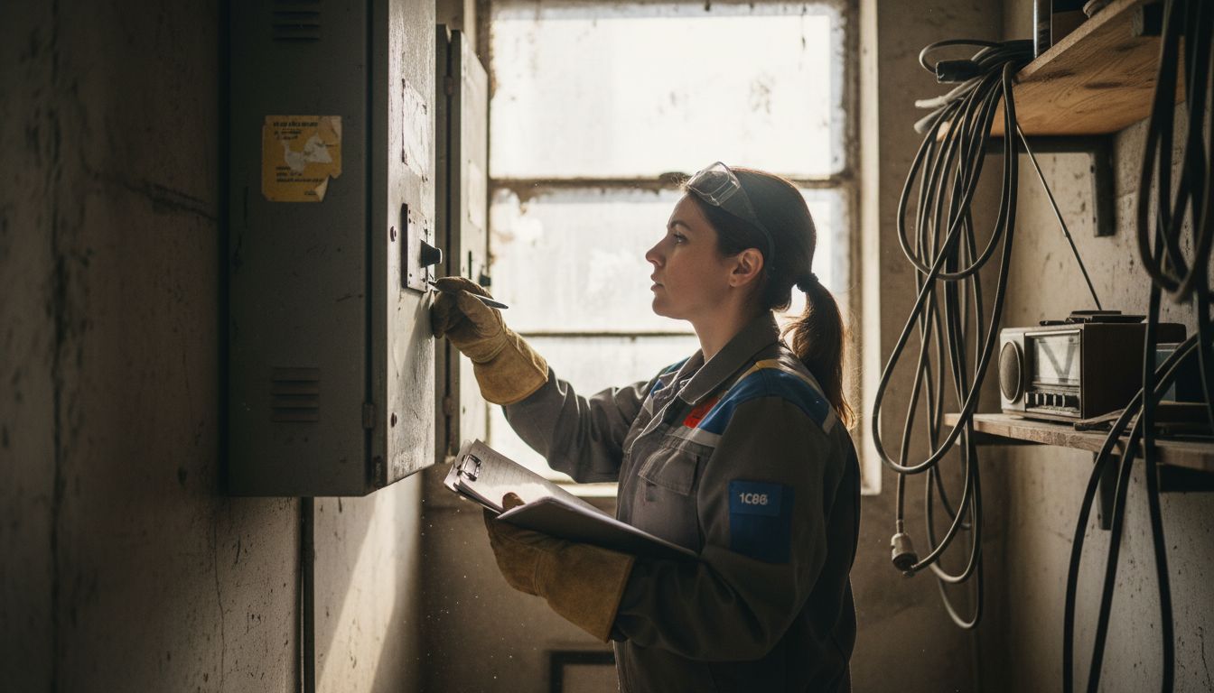 Wartung elektrische Anlagen Workflow: Sicher und effizient umsetzen 1 Elektrikerin prüft Schalttafel im Wartungsgang