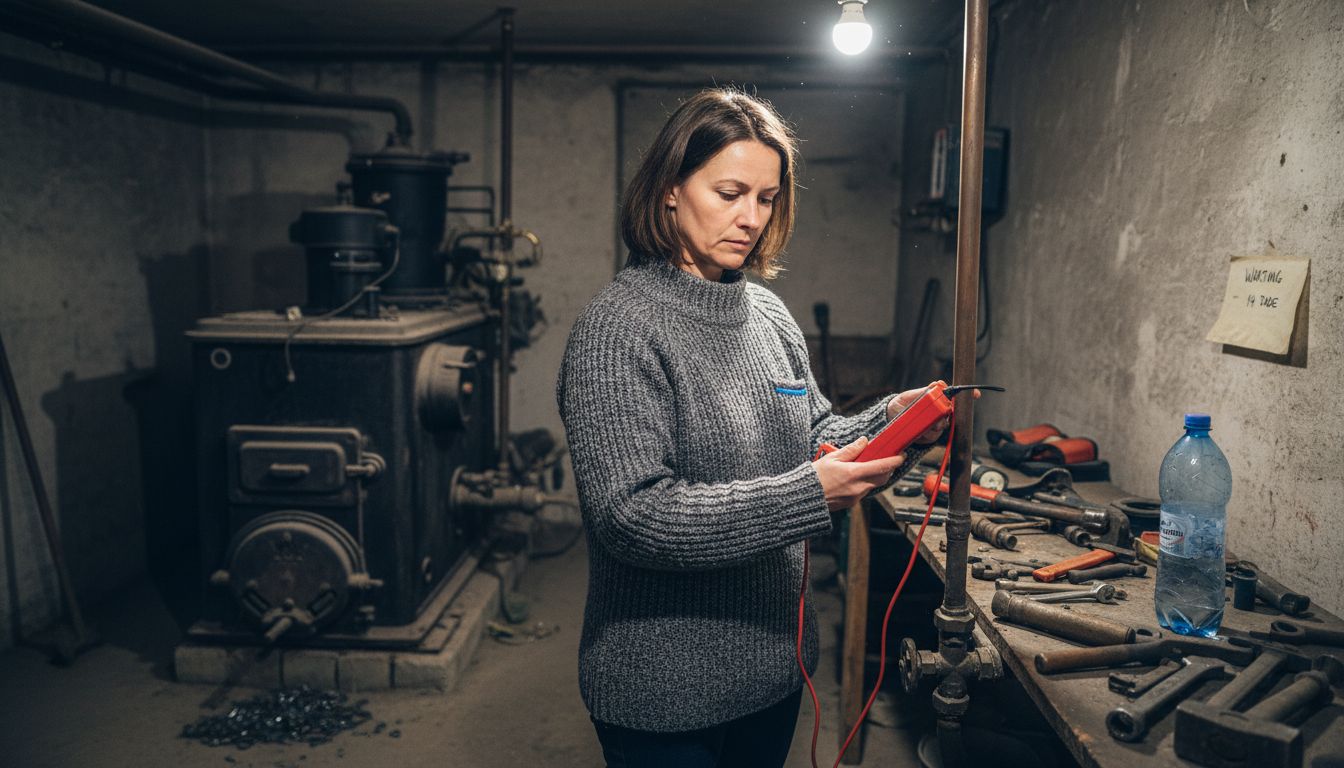 Eine Frau überprüft die Heizkörpertemperatur mit einem digitalen Messgerät.