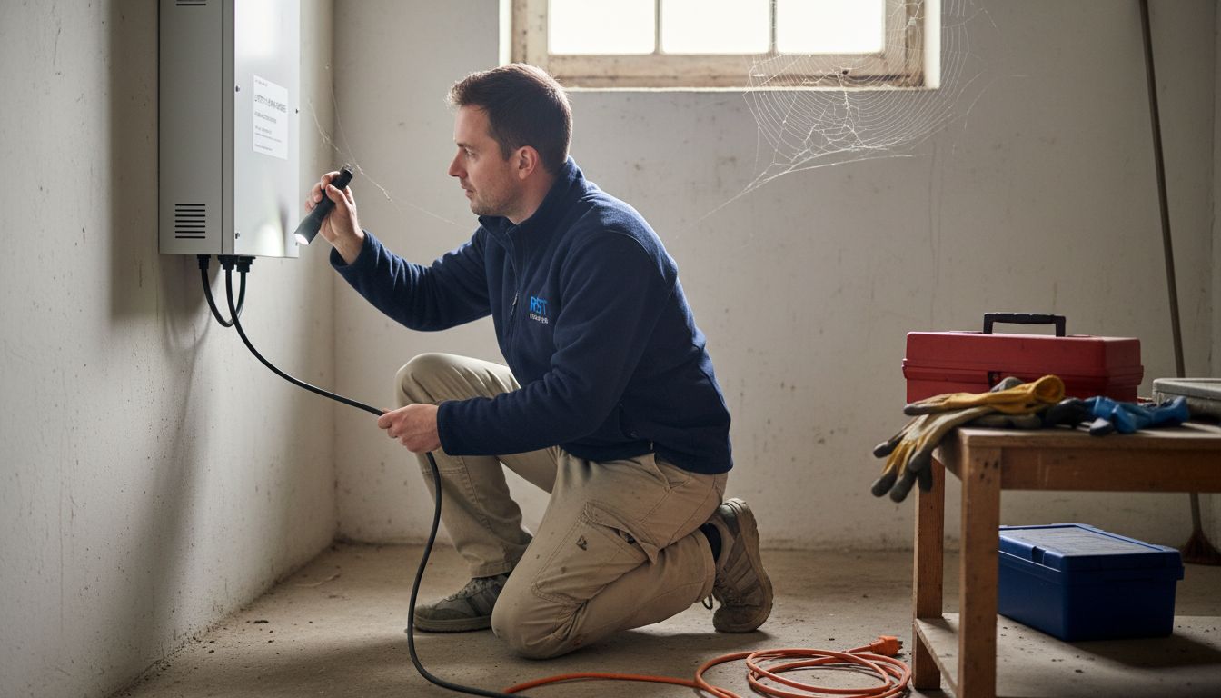 Eigenverbrauch von PV: Warum sich solares Eigenstrompotenzial rechnet 1 Ein Techniker überprüft die Solarbatterie im Keller.