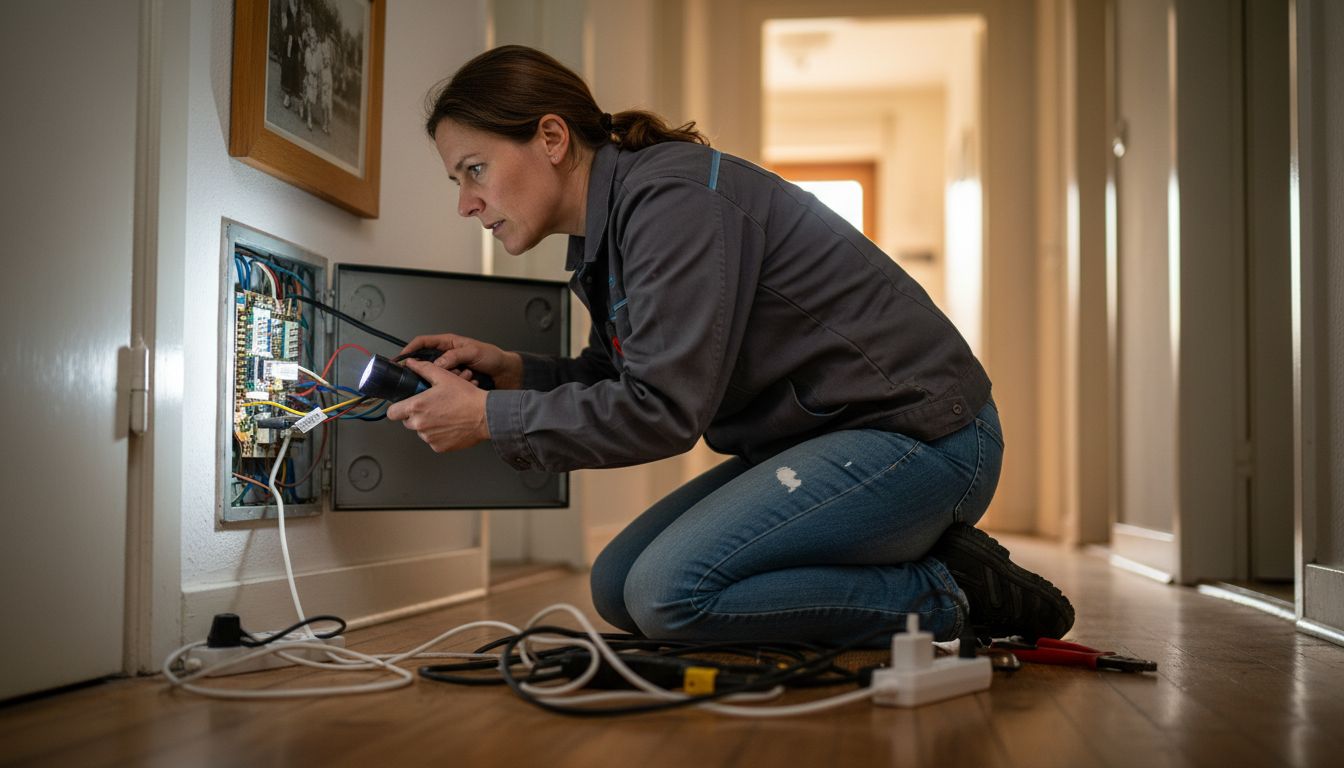 Elektroprüfung selbst durchführen: Anleitung für sichere Ergebnisse 1 Eine Frau überprüft die Kabel in einer offenen Steckdose.