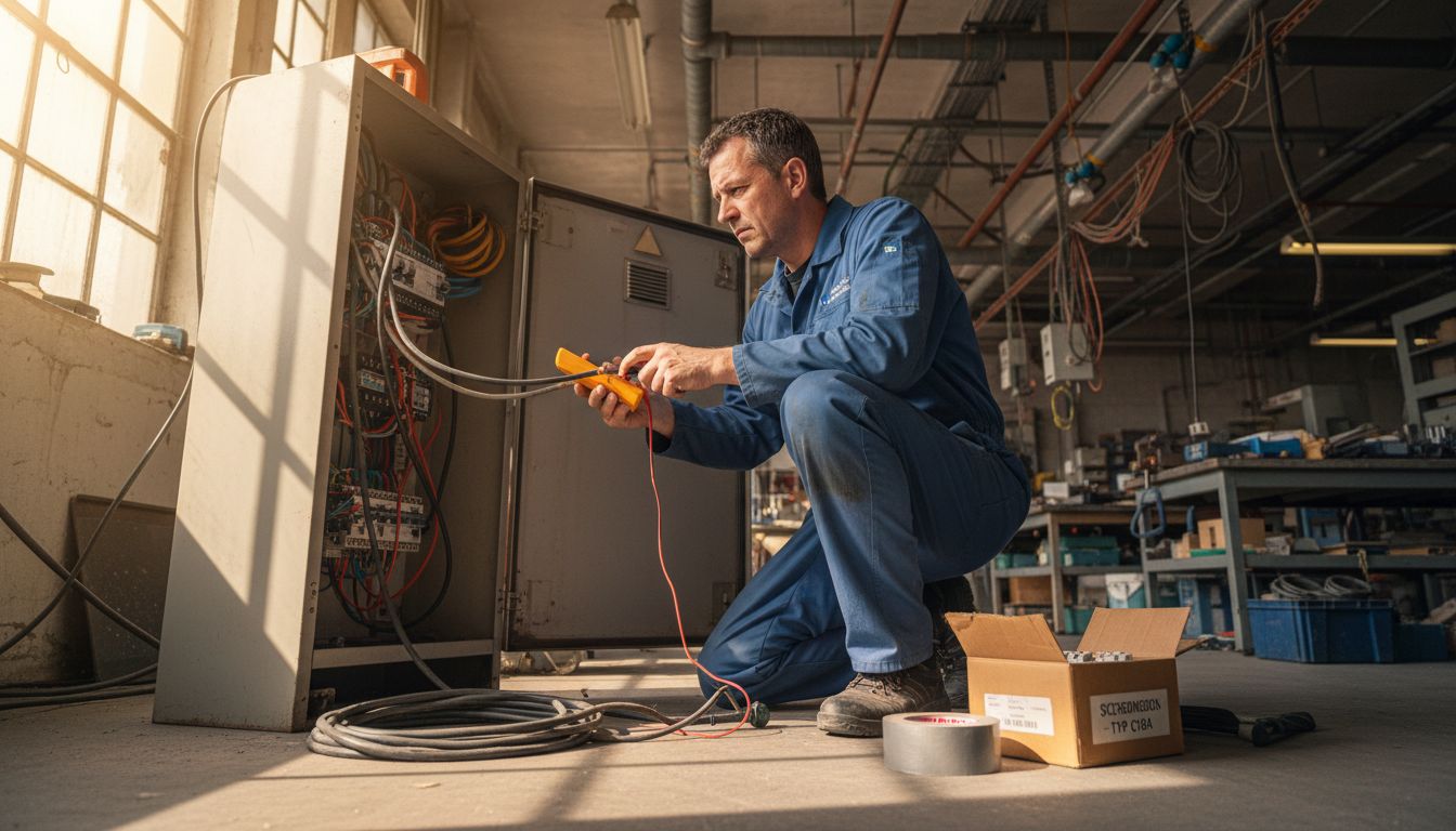Fehlerdiagnose Elektrik: Zuverlässigkeit in Augsburg sichern 1 In einer Werkstatt in Augsburg überprüft ein Techniker die Funktionsfähigkeit eines Sicherungsautomaten.