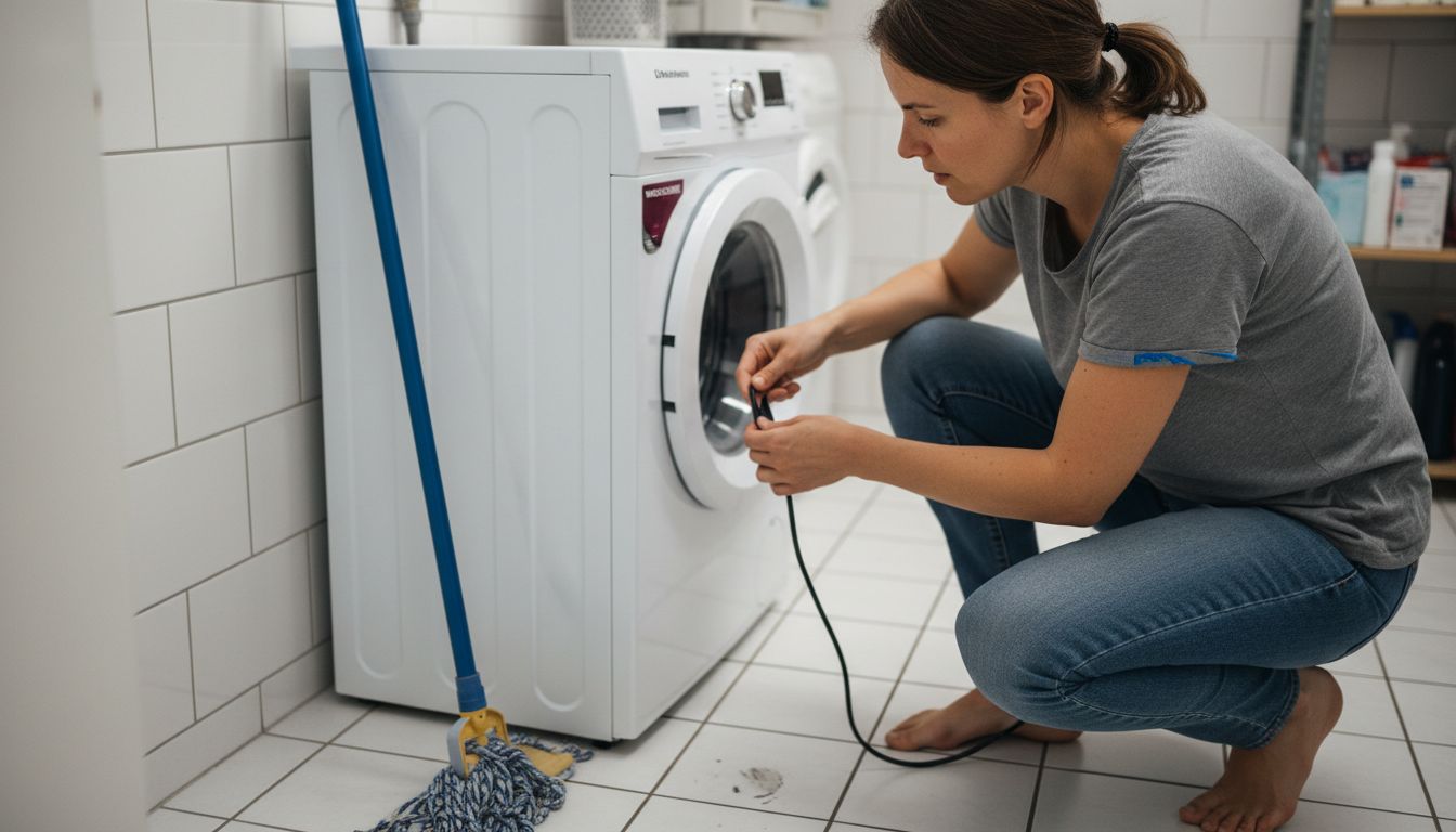 Tipps zur Elektrogeräte-Wartung: Zuverlässigkeit sichern 1 Eine Frau kontrolliert die Anschlüsse ihrer Waschmaschine.