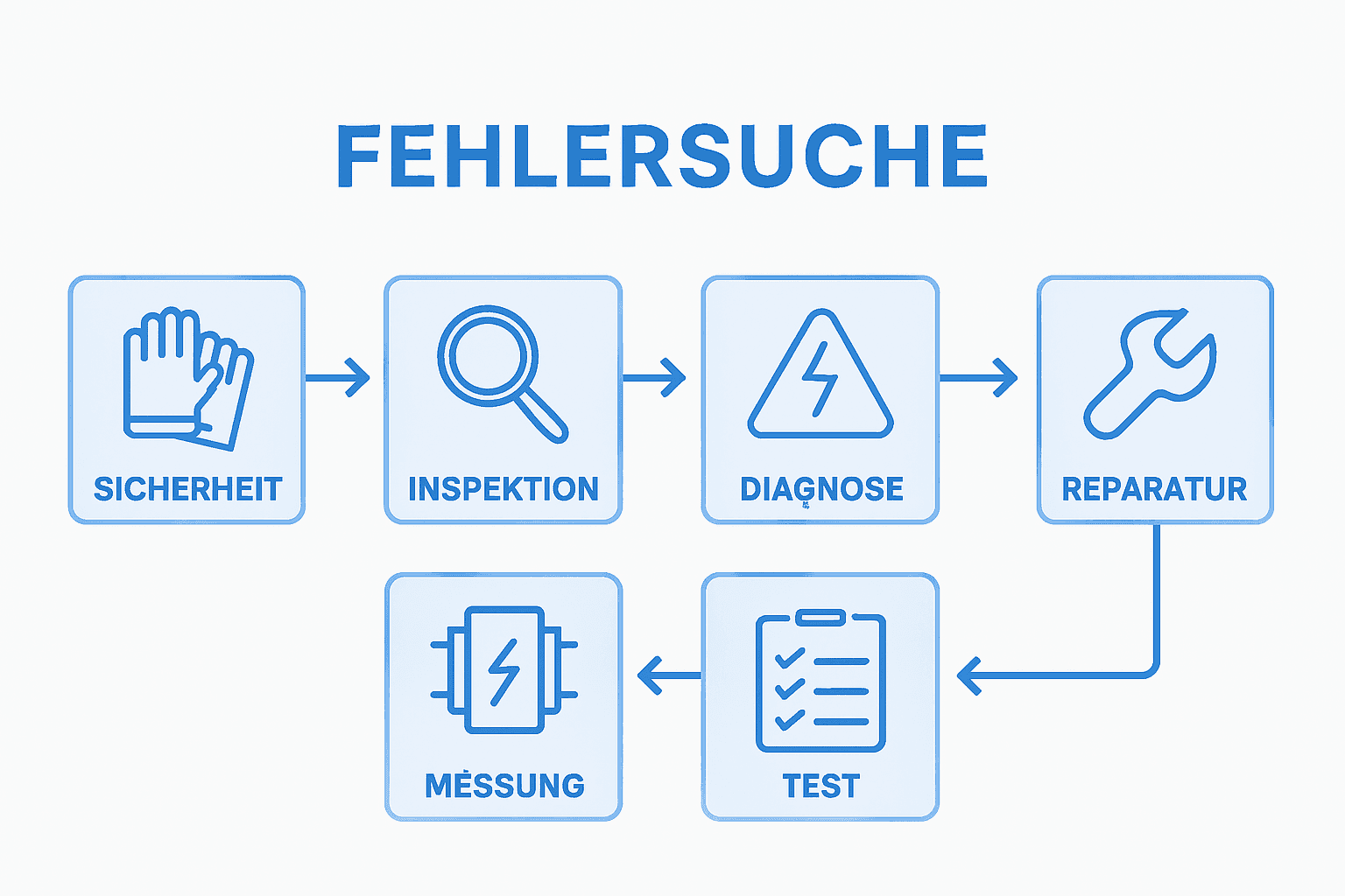 Effektive Fehlersuche Elektroanlagen Prozess: Schritt für Schritt 2 Infografik: So gehen Sie bei der Fehlersuche in elektrischen Anlagen vor