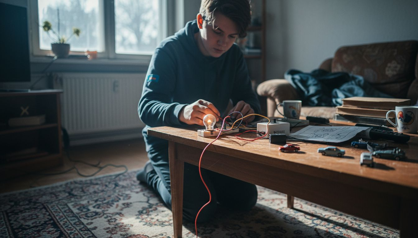 Elektrische Schaltungen: Sinn, Typen, Anwendungen verstehen 1 Ein Jugendlicher tüftelt am Wohnzimmertisch an einer einfachen Schaltung.