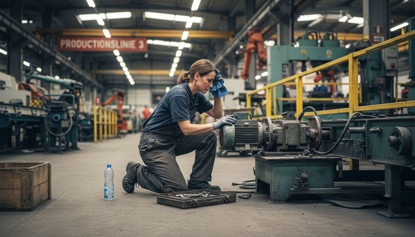 Zweck einer Wartung: Sicherheit und Werterhalt erklärt 2 Eine Servicetechnikerin führt Wartungsarbeiten an einer Industrieanlage in der Produktionshalle durch.