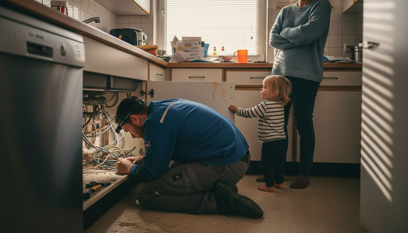 Schutzmaßnahmen Elektrik – Sicherheit für Gebäude und Menschen 2 Ein Elektriker nimmt die fehlerhafte Verkabelung in der Küche genau unter die Lupe, um mögliche Gefahren auszuschließen.