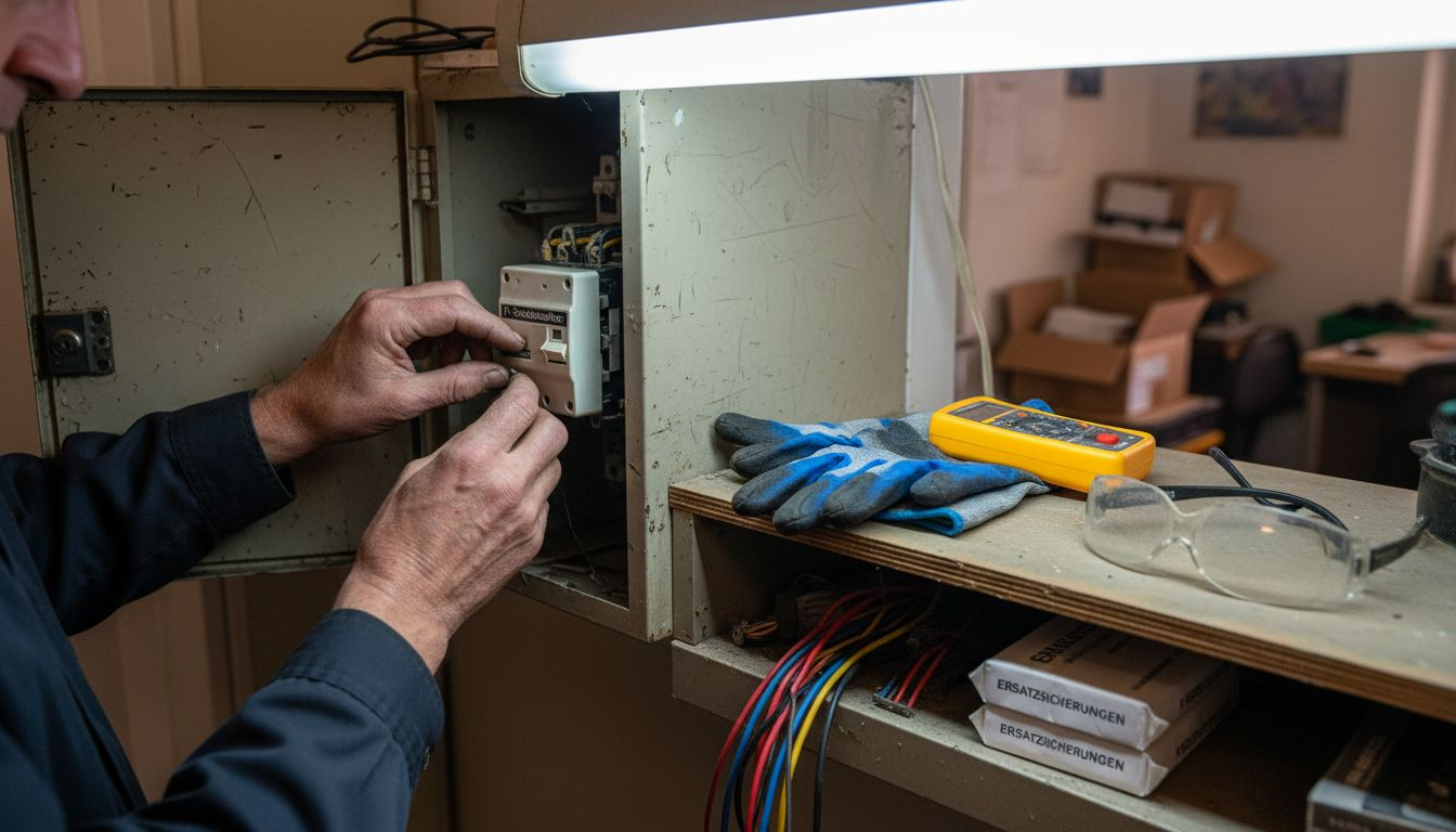 Warum Elektrosicherheit unverzichtbar ist – Schutz für Haus und Betrieb 1 Ein Elektriker kontrolliert im Büro die Funktion der FI-Schutzschalter.