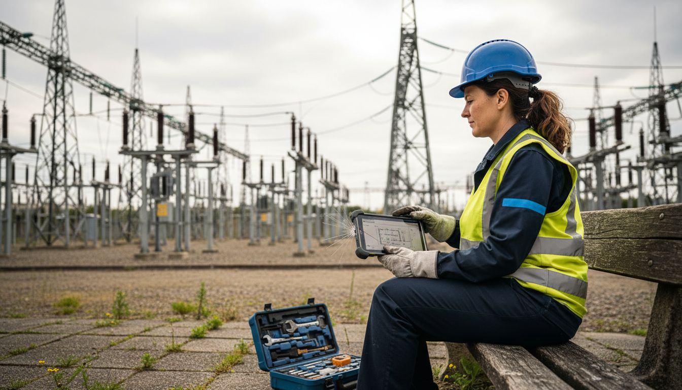 Fernüberwachung elektrischer Anlagen: Sicherheit und Effizienz 1 Ein Ingenieur überprüft mit einem Tablet die technischen Anlagen in einem Umspannwerk.