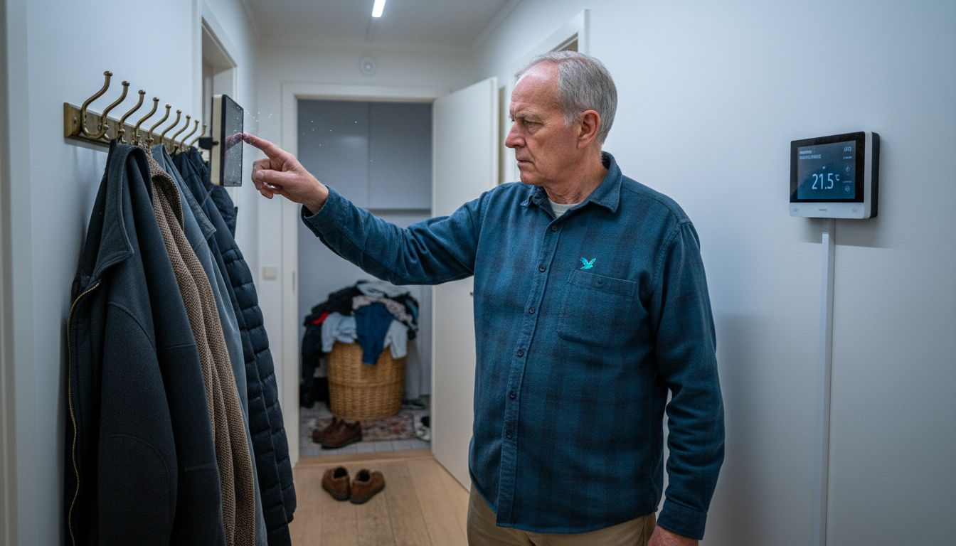 Smart Building erklärt: Mehr Komfort und Effizienz zuhause 1 Ein Mann bedient das smarte Thermostat im Flur seines Hauses.