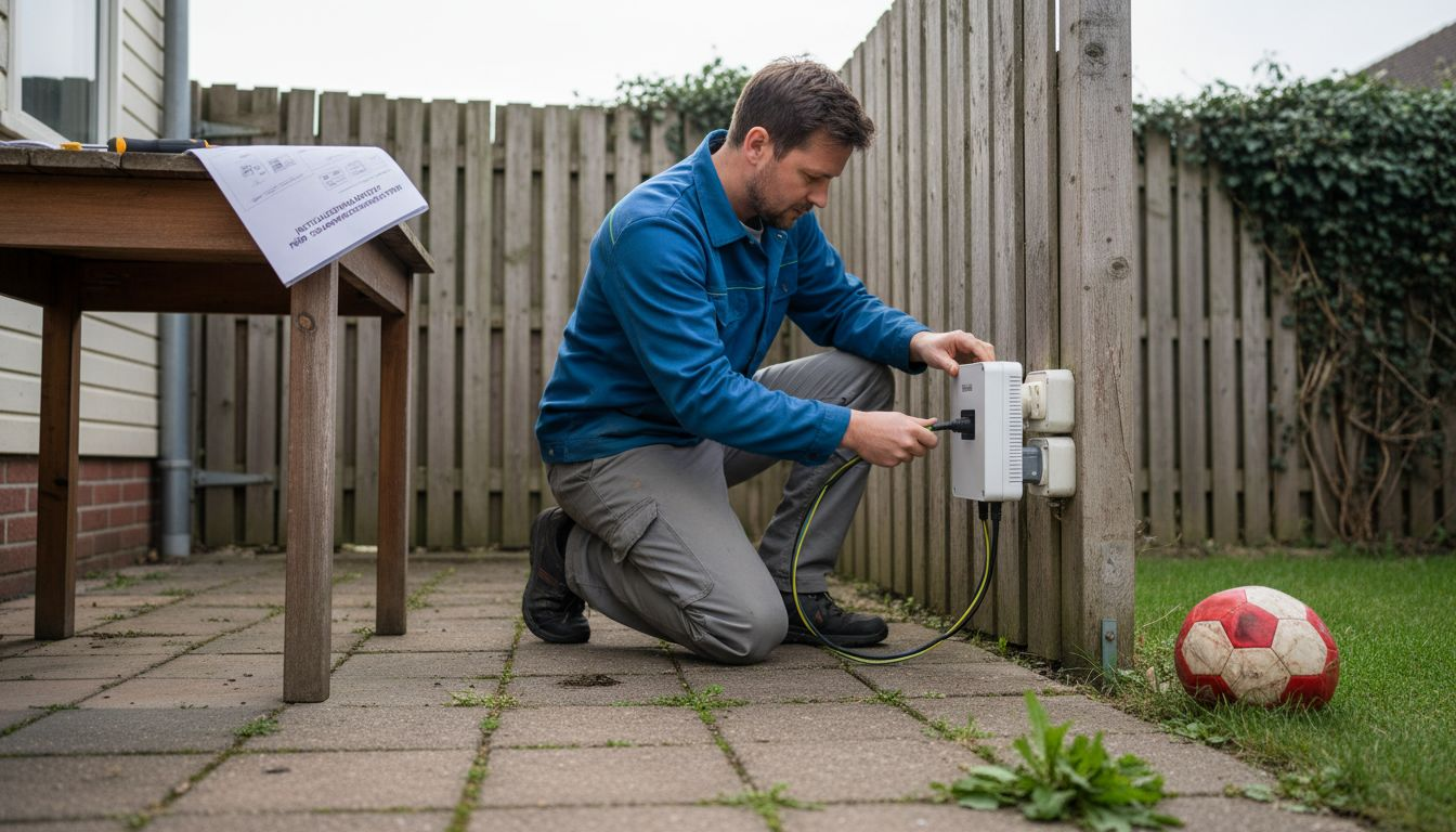 Plug and Play PV – Einfach Strom sparen daheim 2 Ein Techniker schließt im Freien einen Wechselrichter für die Photovoltaikanlage an.