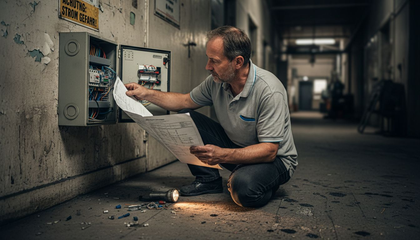 Wartungskonzept erstellen elektro: Schritt für Schritt zur sicheren Anlage 1 Ein Elektriker kontrolliert den Stromlaufplan am Verteilerkasten.