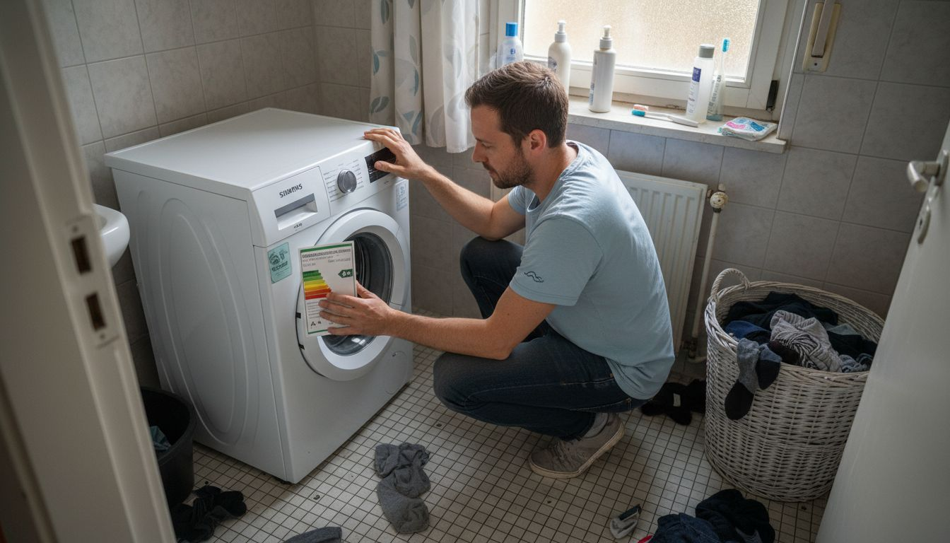Energieeffizienz verstehen: Mehr Nutzen mit weniger Verbrauch 2 Ein Mann wirft einen Blick auf das Energielabel einer Waschmaschine.