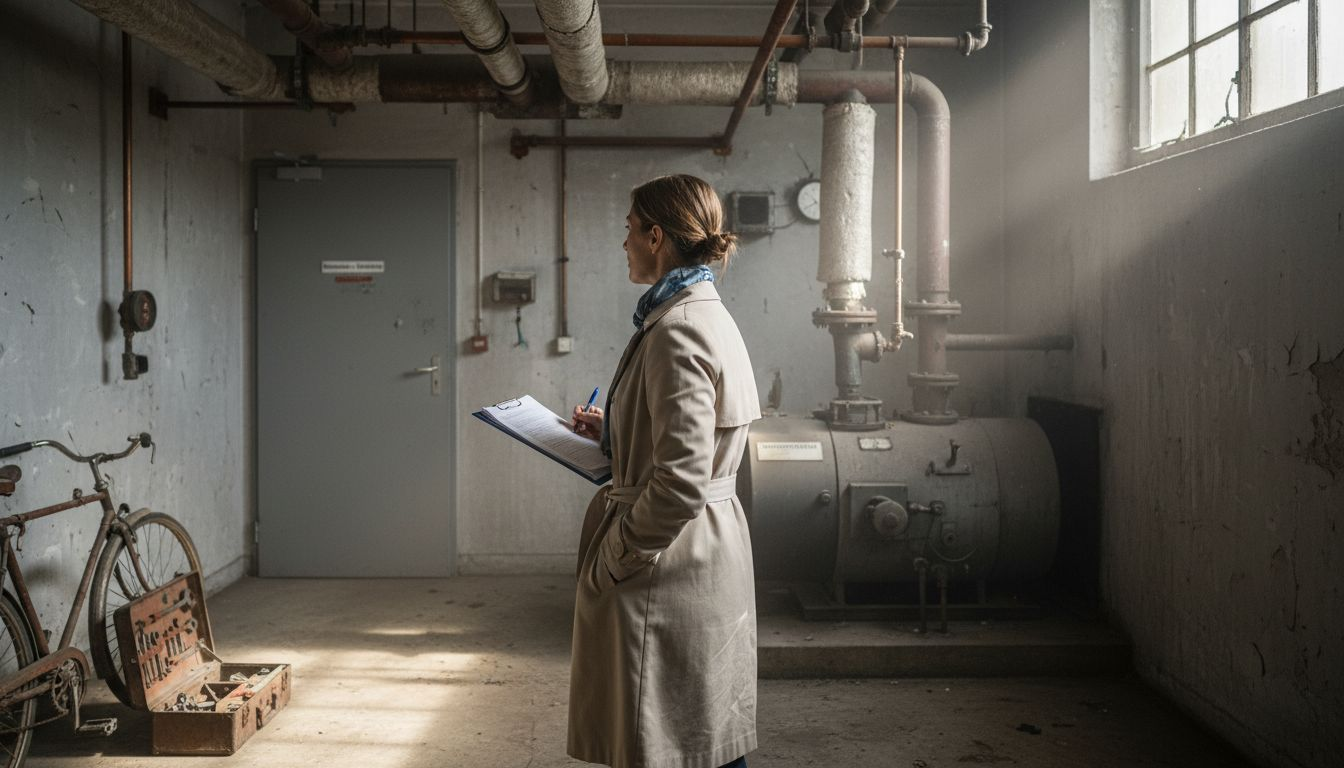 Energieaudit Erklärung – Mehr Effizienz und Kostenersparnis 1 Im Rahmen eines Energieaudits nimmt die Auditorin den Heizungsraum genau unter die Lupe.