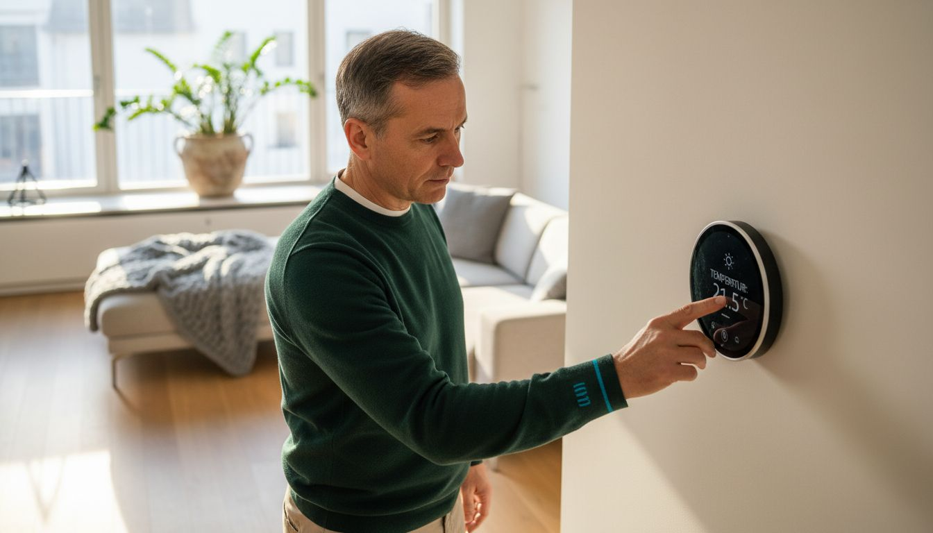 Ein Mann stellt das smarte Thermostat in seinem modernen Zuhause ein.