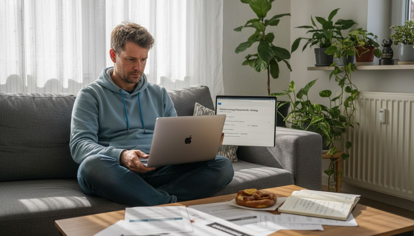 Photovoltaikförderung 2026 – Chancen für Augsburgs Eigenheime 1 Ein Mann füllt zu Hause die Unterlagen für die Solarförderung aus.