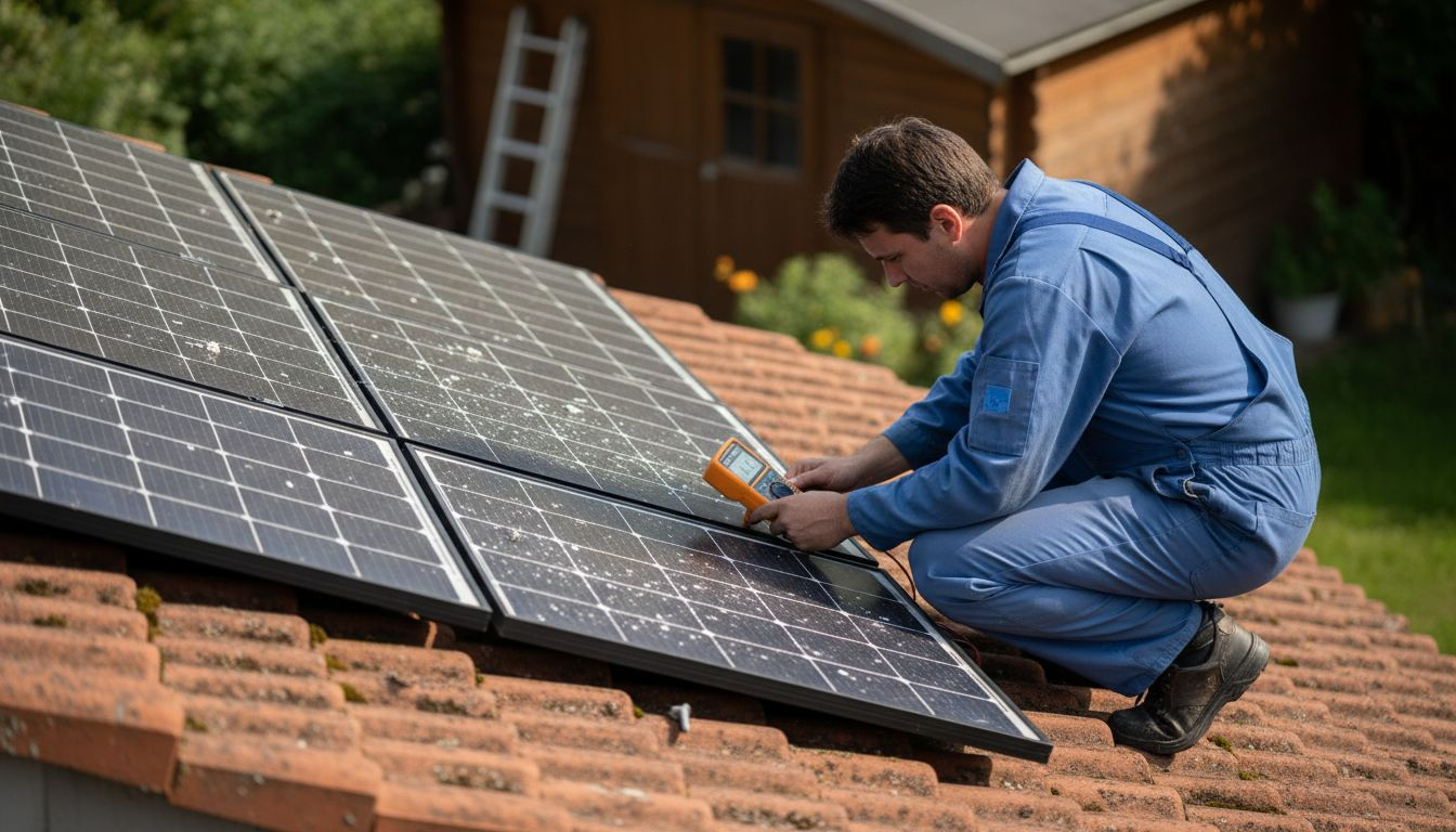 Ein Techniker überprüft die Solarmodule auf dem Dach und achtet dabei genau auf alle Details.