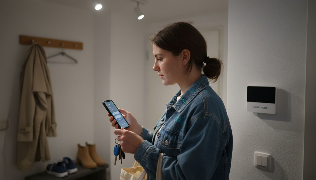 Im Flur bedient eine Frau ihr Smart Home-System.