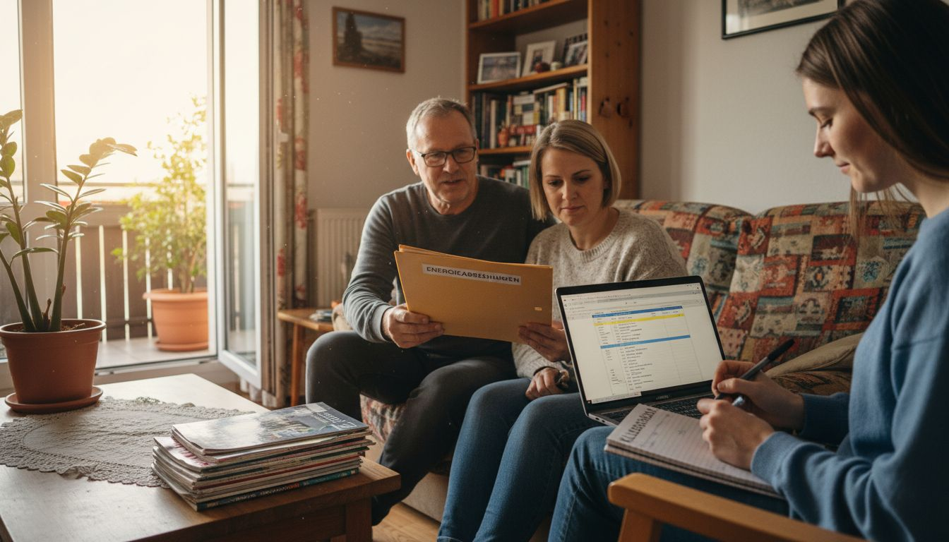 Eine Beraterin geht gemeinsam mit den Hauseigentümern die Unterlagen durch.
