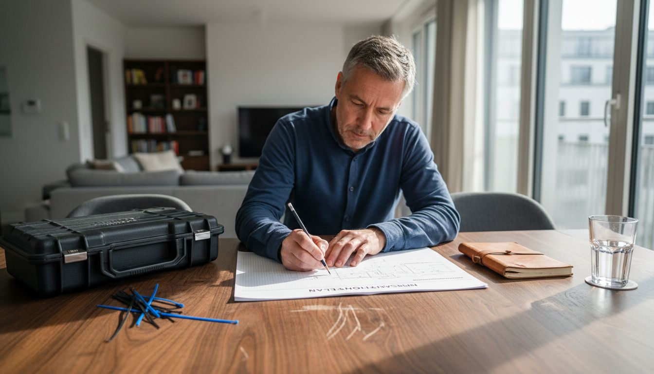 Ein Mann sitzt am Schreibtisch und erstellt einen Plan für die Elektroinstallation.