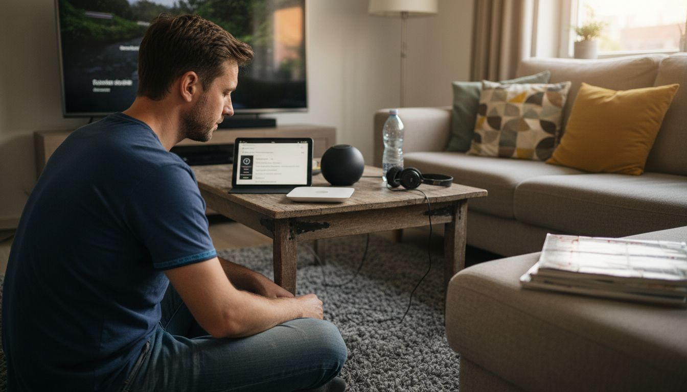 Ein Mann richtet seine Smart-Home-Geräte ein.