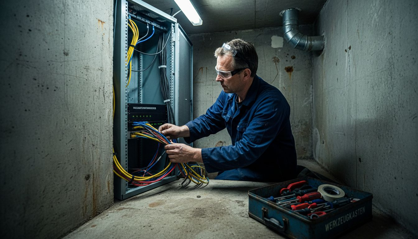 Ein Mann schließt Kabel an einen Smart-Home-Server an.