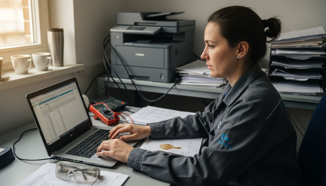 Im Büro trägt die Fachkraft die Messergebnisse sorgfältig in die Unterlagen ein.