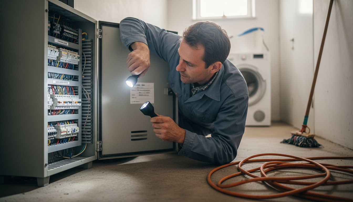 Sicherheitsprüfung elektrischer Anlagen sicher durchführen 1 Ein Elektriker prüft den Verteilerkasten auf Sicht und kontrolliert, ob alles ordnungsgemäß funktioniert.