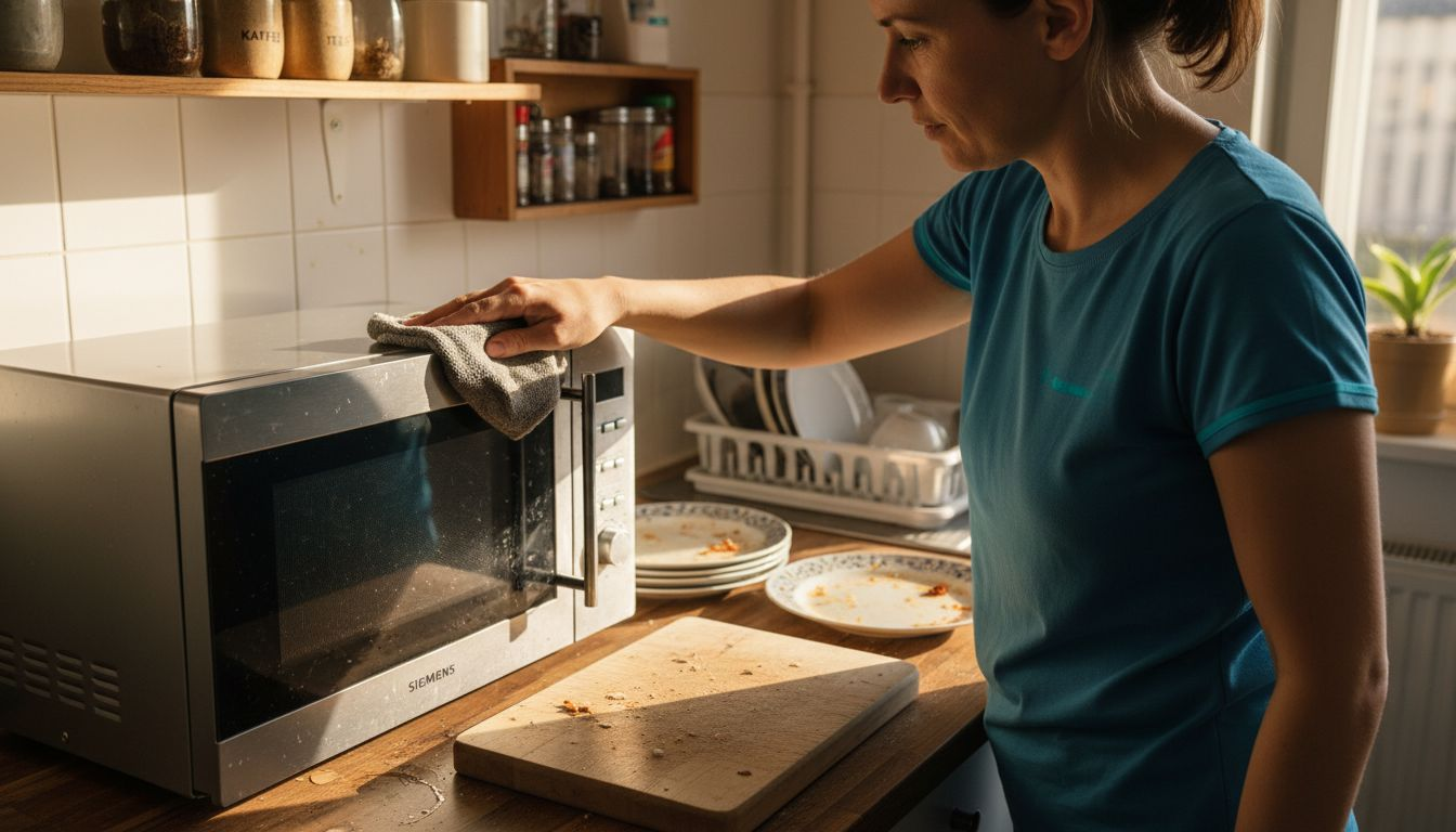 Elektrogeräte richtig warten und langfristig Kosten sparen 1 Eine Frau wischt die Mikrowelle gründlich mit einem antistatischen Tuch aus.