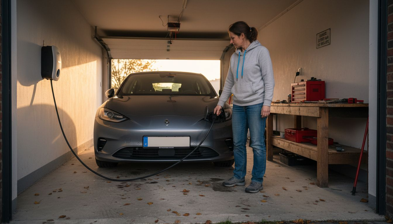 Ein Hausbesitzer schließt sein Auto an die Wallbox in der Garage an, um es zu laden.