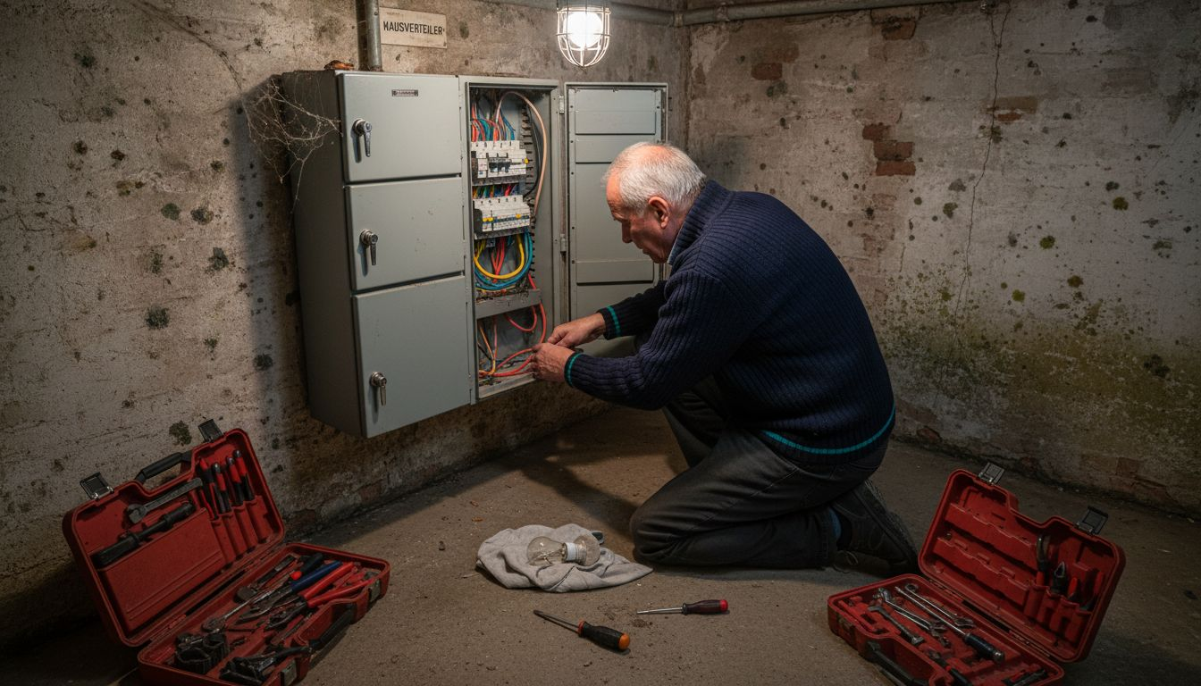 Der Hauseigentümer führt die Wartung der fest installierten Elektroanlage im Keller durch.
