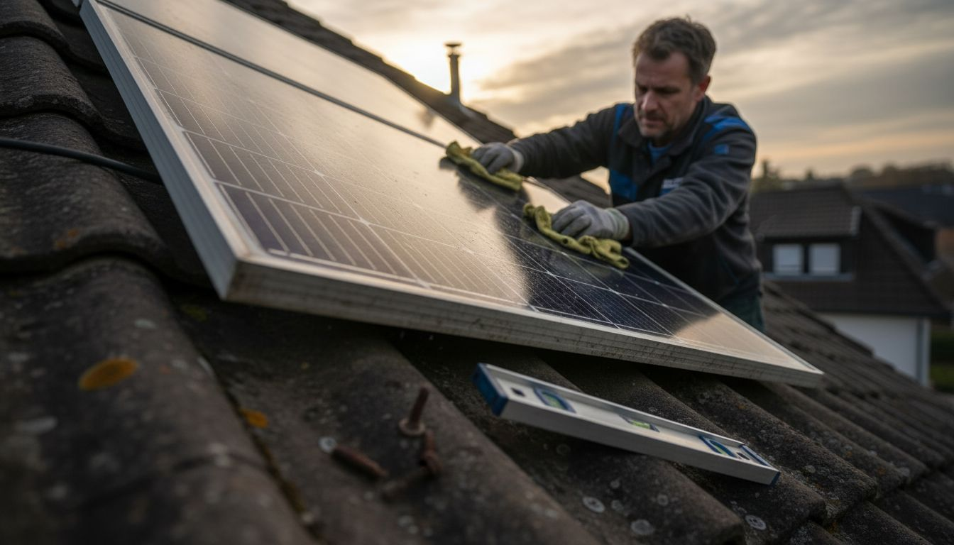 Ein Servicetechniker inspiziert und säubert eine einzelne Solarzelle sorgfältig.