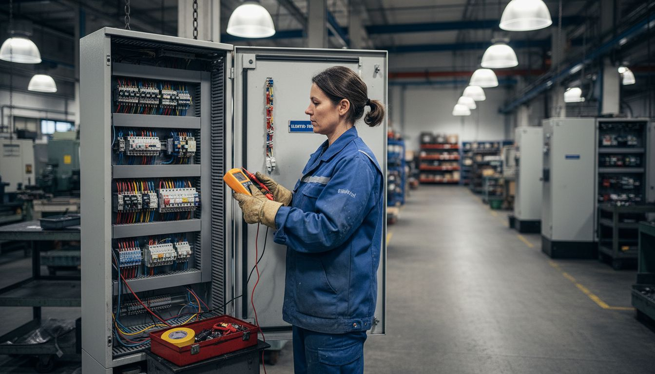 Messprotokolle Elektrotechnik 2026: 20% Fehler vermeiden 1 Eine qualifizierte Fachkraft nimmt vor dem Schaltschrank eine sorgfältige Überprüfung der elektrischen Anlage vor.